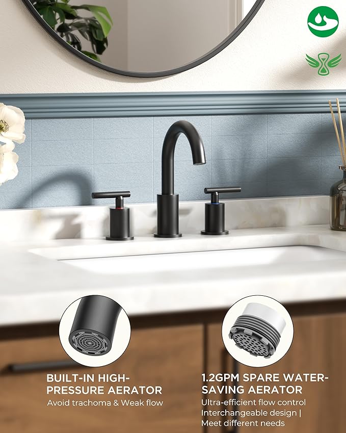 FORIOUS Black Bathroom Faucet 3 Hole, 8 Inch Matte Black Bathroom Sink Faucet Widespread with 360° Swivel Spout, Suitable for 6-12 Inch Vanity Sink, with Pop-up Drain and cUPC Supply Line