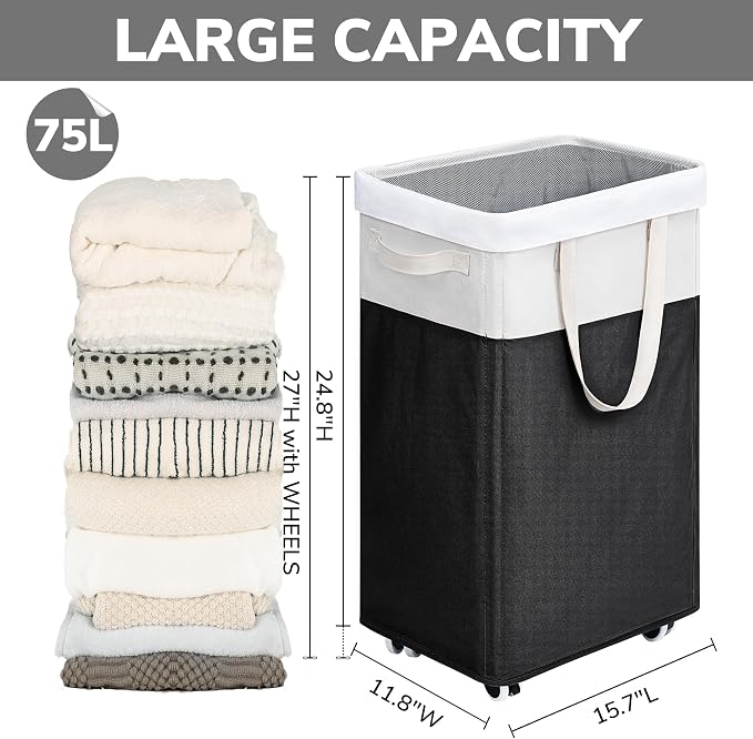 Goodpick Rolling Laundry Hamper with Wheels 75L, Black Laundry Hamper for Dirty Clothes, Collapsible Laundry Basket with Removable Wash, Black Laundry Basket with Wheels