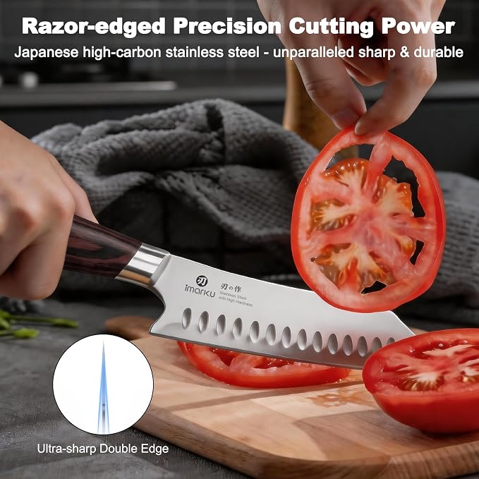 imarku Japanese Santoku Knife 7 Inch, 10Cr15CoMoV 3-Layer Stainless Steel | Ultra-sharp hollow-edge kitchen chef knife 59±2 HRC, lasting sharpness & rust resistant, ergonomic Pakkawood grip, gift-ready