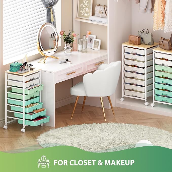 Goovilla Rolling Cart with Drawers, Utility Cart Organizer With 8 Removable Drawers and Wooden Tabletop, Lockable Rolling Storage Organizer for Art, Classroom, Home, Dorm, Office, Craft Storage, Green