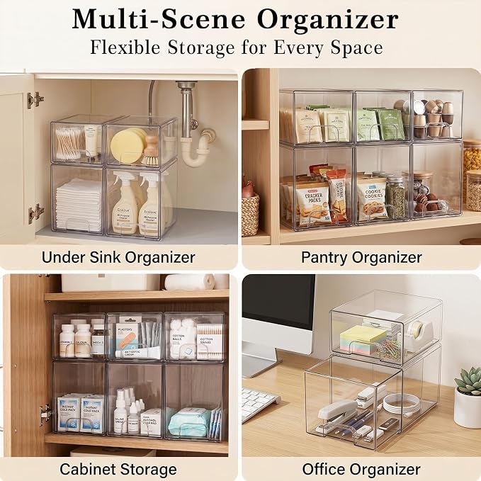 Clear Stackable Storage Drawers: Baby Bottle Storage Organizer, Acrylic Bottles Station Organizer Container for Countertop, Vanity, Bathroom, Cabinet Organization - 8 Pack
