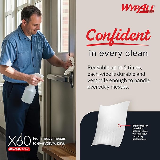 WypAll GeneralClean X60 Cloths Multi-Task Cleaning Wipes (34865), Quarterfold, Strong and Absorbent Towels, White (12 Packs of 76 Sheets, 912 Sheet Total)