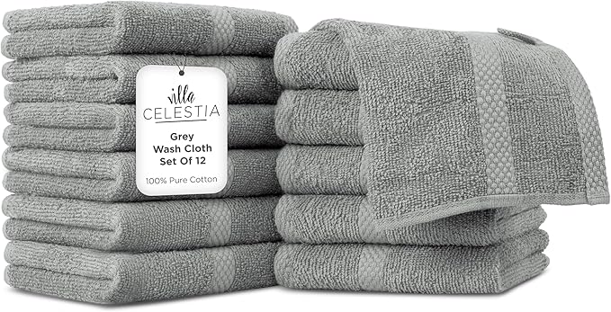 Villa Celestia Cotton Washcloths Set of 12, 12x12 Inch, 100% Ring-Spun Combed Cotton, Soft Absorbent Quick-Dry Wash Cloths for Face and Body, Oeko-TEX Certified, Hotel & Spa Quality, Grey