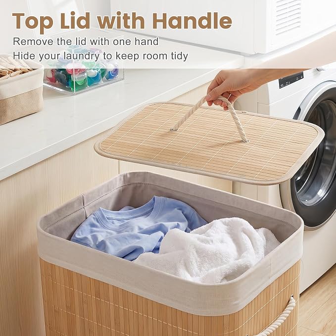 Giantex Bamboo Laundry Hamper with Lid, Removable Liner & Portable Handles | 19 Gal Large Capacity Clothes Hamper, Rectangular Laundry Basket for Bedroom Bathroom Laundry Room
