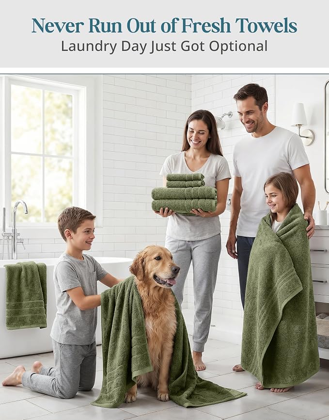 Casa Platino Towel Set for Bathroom 12 Piece Soft Absorbent - Oil Green | Shower Towels - Oversized & Roomy, Lightweight & Breathable, Fade-Resistant Color, Classic Terry Weave, Densely Woven
