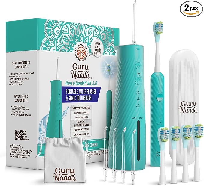 GuruNanda Lion & Lamb Kit 2.0, Electric Toothbrush with Water Flosser Combo, 4 Jet Tips, 4 Brush Heads, & IPX7 Waterproof Design for Complete Oral Care, Teal