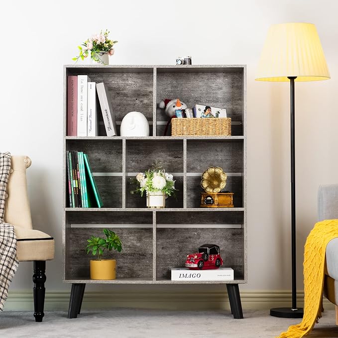 LEYAOYAO Cube Bookshelf, Mid-Century Modern Book Shelf with Legs,Dirty Grey | 3 Tier Bookcase, Rustic Wood Bookshelves Freestanding Small Storage Organizer, Open Shelves for Bedroom, Living Room, Office