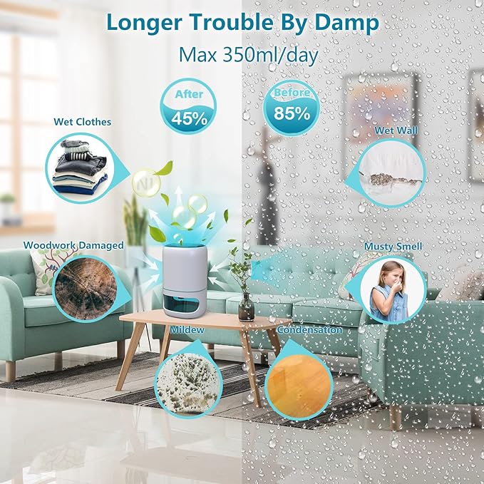 Small Dehumidifiers for Bedroom w/Air Purifying Function, 1000 ml/35 oz for 2500 Cubic Feet (260 sq ft) with 7 Colorful LED Lights Timer Set Negative Ions Below 30 dB, Auto Shut-Down