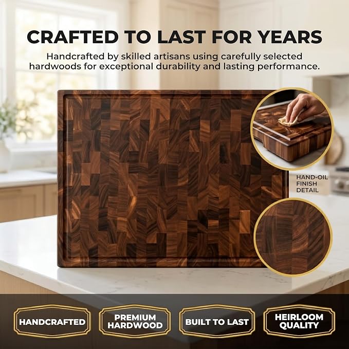 SHUMARU XXXL End Grain Cutting Board 24 x 18 x 2 Inch Thick, Premium Exotic Heartwood Butcher Block, Knife-Friendly Wood Chopping Block with Juice Groove, Non-Slip Feet & Side Handles