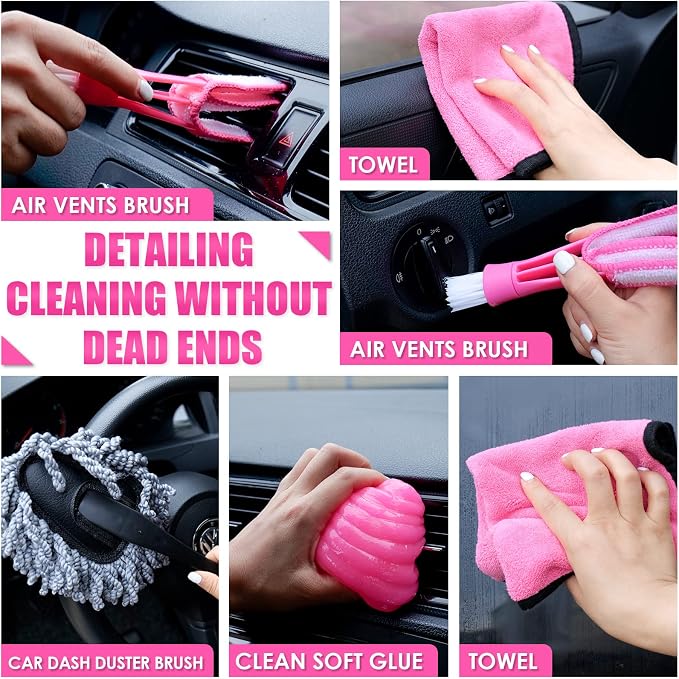 17pcs Car Cleaning Kit, Pink Car Interior Detailing Kit with High Power Handheld Vacuum, Detailing Brush Set, Windshield Cleaner, Cleaning Gel, Complete Auto Accessories for Women Gift