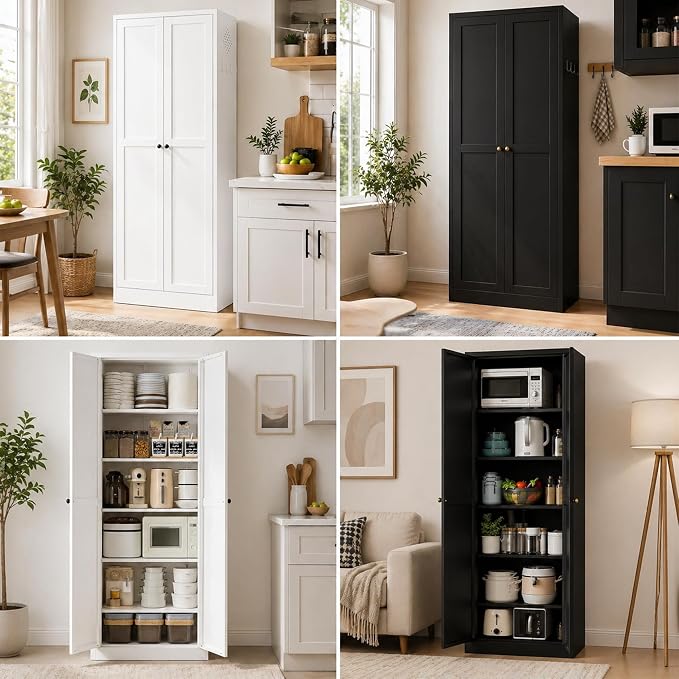 AQY Kitchen Pantry Cabinet,61" White Pantry Storage Cabinet with 4 Tier Adjustable Shelves and 2 Doors,Freestanding Cupboard,Metal Pantry Cabinets with Handle for Living Room Kitchen Assembly Required