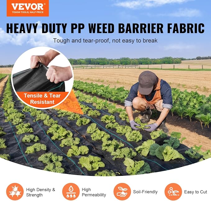 VEVOR 6ft x 300ft Weed Barrier Fabric, 3oz Landscape Fabric Heavy Duty | Woven Geotextile Fabric, Landscaping Fabric, Ground Cover, Gardening Mat, Driveway Fabric, Garden Weed Control Fabric, Black