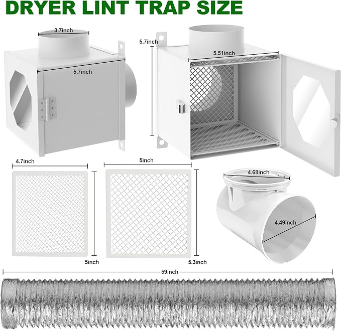 Metal Dryer Duct Lint Trap, Indoor Dryer Vent Kit with 90 Degree Elbow, 4 inch Duct Hose & Clamps Sealing Tape Cleaning Brush Filter, Secondary Lint Trap for Electric Clothes Dryers- White