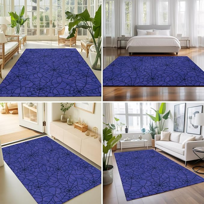 Area Rug 3'x5', Navy Blue Halloween Washable Large Area Rugs for Kitchen Bedroom Laundry Bathroom Office, Black Spiders Net Classic Gingham Non Slip Door Mat Indoor Entryway Floor Accent Throw Carpet