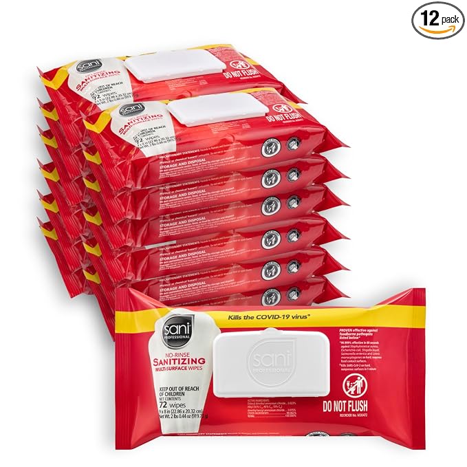 PDI Sani-Professional No-Rinse Sanitizing Multi-Surface Food Service Wipes Softpack, for Restaurants, Kitchen, Commercial and Home Use, Pack of 12, 72 Wipes Each, Large 9" x 8" Wipes