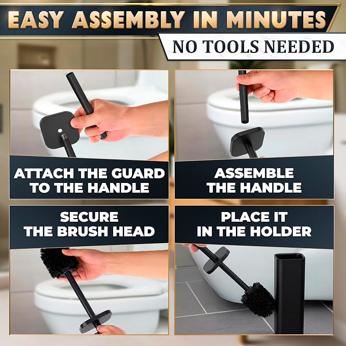 Black Toilet Brush with Square Stainless Steel Holder - Freestanding Toilet Brush and Holder Set Black - Removable Plastic Inner Cup, Splash Guard Cover, Replaceable Head, Corrosion Resistant Finish