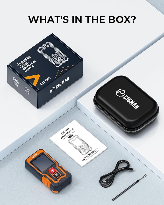 Laser Measuring Tool 262Ft, CIGMAN Pocket-Size Digital Laser Tape Measure, Mini Rechargeable Laser Measure with High Accuracy, 4 Units Ft/Ft+in/in/M, Backlit LCD, Length/Area/Volume/Pythagorean Mode