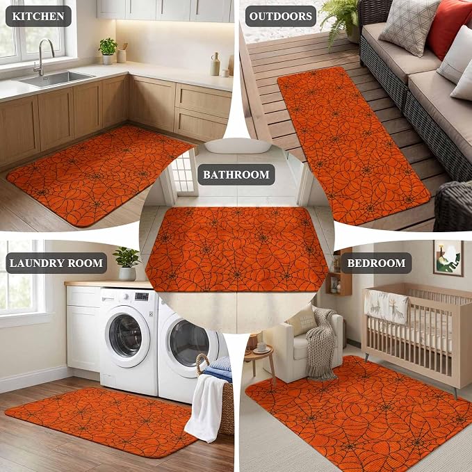 Runner Rug Indoor Outdoor 15.7"x47.2",Orange Halloween Absorbent Non Slip Entry Door Mat,Black Spiders Net Classic Gingham Low-Profile Hallway Rugs for Kitchen Laundry Room Entryway Mudroom Apartment