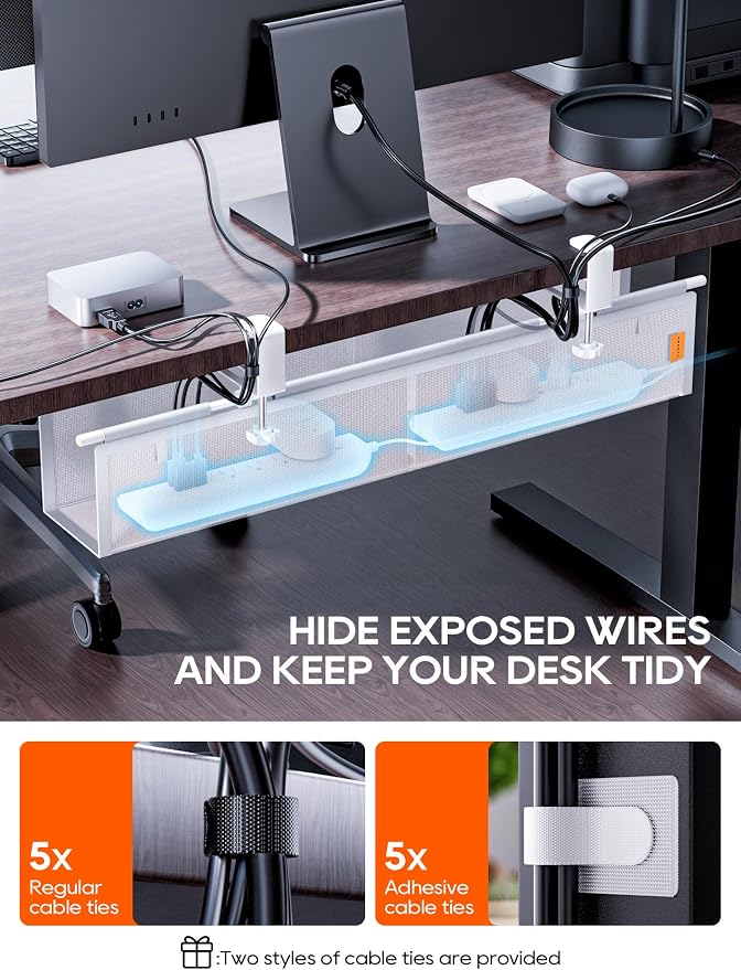 27" No Drill Under Desk Cable Management Tray (White) | Fire-Resistant Thickened Nylon Material, Clip-on Cord Organizer to Hide Power Strip, Heat Dissipation Mesh Design, for Office