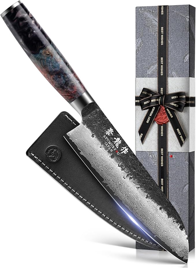 7 Inch Japanese Damascus Santoku Knife, VG10 Steel Forged | Kurouchi Forged Finish, Slice • Dice • Mince, Wide Blade Versatility, Leather Sheath Included, Premium Gift Box