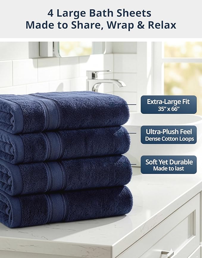 LANE LINEN Bath Sheets - Hotel-Grade Zero Twist Cotton - 4 Piece (35"x66") Oversized Bath Towels Large - Fluffy Cloud-Like Softness & Fade Resistant - Extra absorbent for active households - Navy Blue