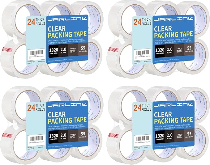 JARLINK 24 Rolls Clear Packing Tape, Heavy Duty Packaging Tape | 1.88 Inches Wide and 55 Yards per Roll, 1320 Total Yards. Value Bulk Pack Clear Box Sealing Tape for Shipping