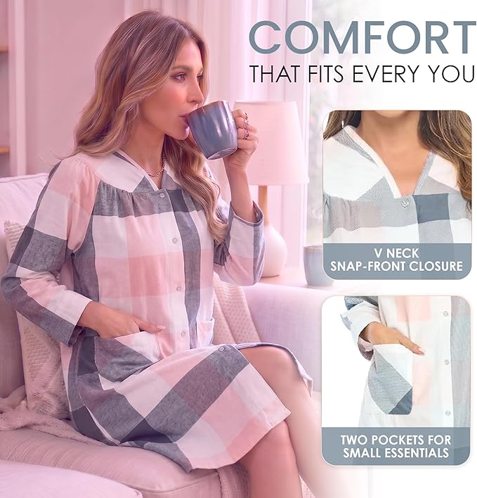Casual Nights Women's Floral Snap Front Flannel Duster Long Sleeve Lounger Dress