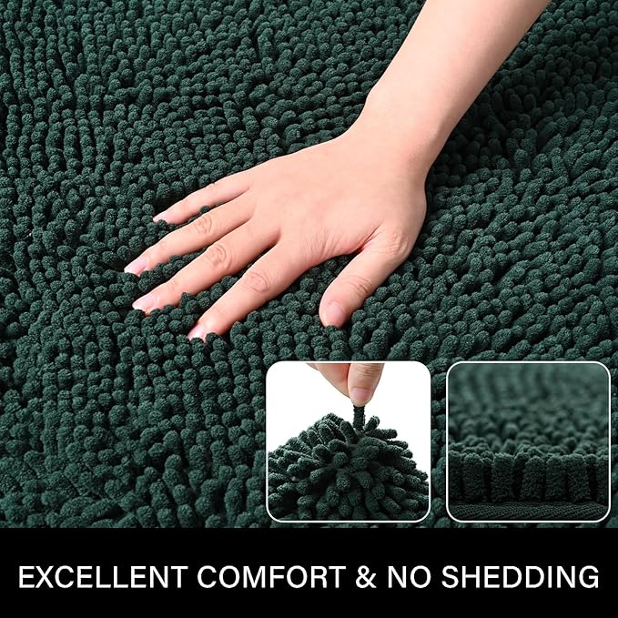 LOCHAS Luxury Bathroom Rug Shaggy Bath Mat 20 x 30 Inch, Hunter Green | Washable Non Slip Bath Rugs for Bathroom Shower, Soft Plush Chenille Absorbent Carpets