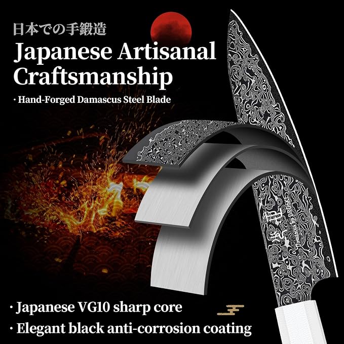 DRGSKL Damascus Kitchen Utility Knife - Japanese VG10 Chef Knife 6 inch | Japanese VG10 Core, Black Anti-corrosion Coating, Damascus Blade, G10 Handle, Gift Box, Wet Edge Grinding Technology