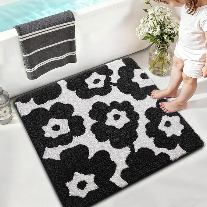 LUMI Floral Bathroom Rugs, Soft Absorbent Square Bath Mat, Non-Slip Quick Dry Luxury Rug, Flower Black White Mats for Shower Floor, Bathtub, Home Decor, Modern Aesthetic, 32"x32"