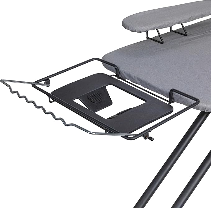 Household Essentials Wide Mega Ironing Board 4-Leg, Steel Top Pressing Station, Matte Black Frame, Grey Cover