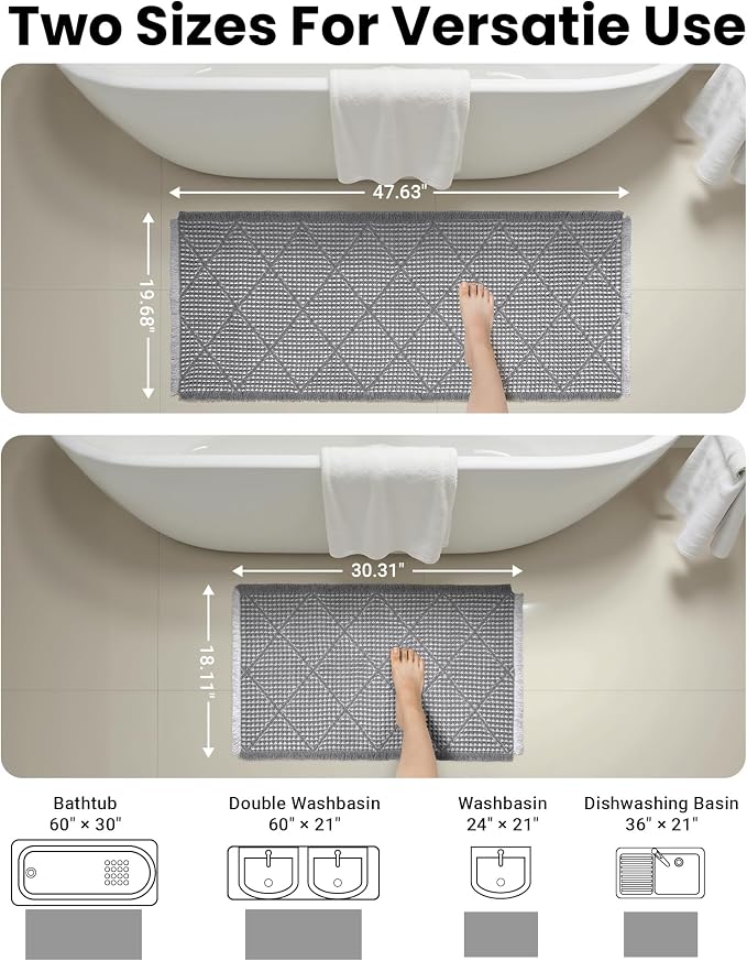 Furicher Waffle Bath Mat Set, Non Slip Bathroom Rugs Sets 2 Piece, Ultra Absorbent Bathroom Runner Rug for Boho Bath Room Decor, Machine Washable Boho Mats, Grey & Light Grey, 20"×47" Plus 18"×30"