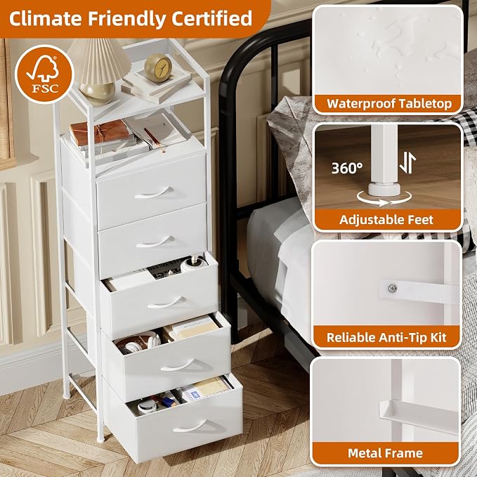 Somdot Tall Dresser for Bedroom, 5 Drawers Nightstand Vertical Storage Tower Unit, Night Stand Furniture with Fabric Drawer Organizer in Bedside Hallway, Entryway, Kids Room, Closet, White Leather