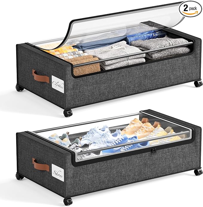Yecaye 82L Under Bed Storage Containers, Fits 9.4" Under Bed, 2 Pack, Grey | XXL Capacity, 360° Rolling Wheels, Sturdy Metal Frame, Clear Window & Label, Storage Bins for Clothes, Blankets, Shoes