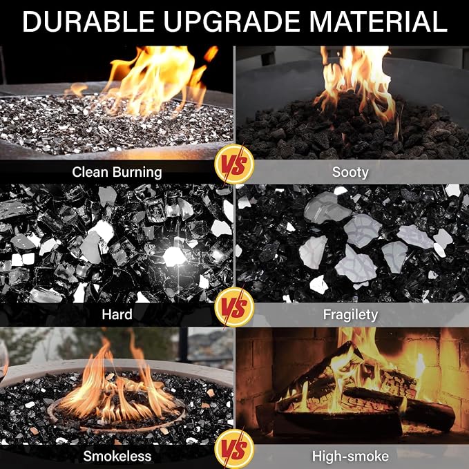 NUPICK 20 Pound Fire Glass, 1/2 Inch Reflective Fire Pit Glass | Tempered Fire Pit Rocks for Propane or Natural Gas, Glass Rocks for Fire Pit Table, Fireplace, Fire Bowl, Landscaping, Black