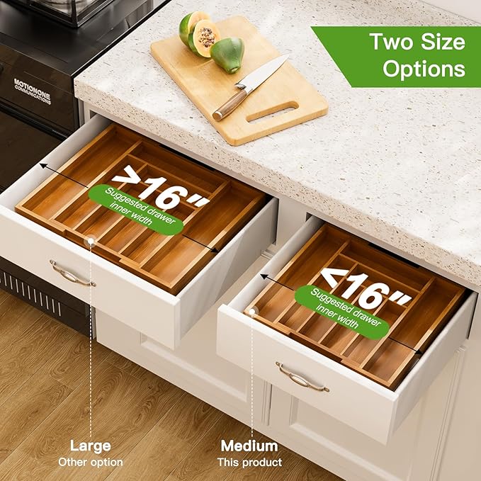 Pipishell Bamboo Expandable Drawer Organizer for Utensils Holder, Adjustable Silverware Organizer Cutlery Tray, Drawer Dividers for Utensils, Flatware, Knives in Kitchen, Bedroom, Living Room(M-Brown)