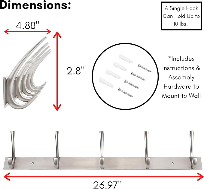 BIRDROCK HOME Premium 5-Hook Stainless Steel Coat and Hat Rack for Wall - Set of 2 - Front Door Organizer - Mounted Hanger for Jackets, Clothes, Hats, Towel - Silver Dual Hooks - Brushed Nickel Finish
