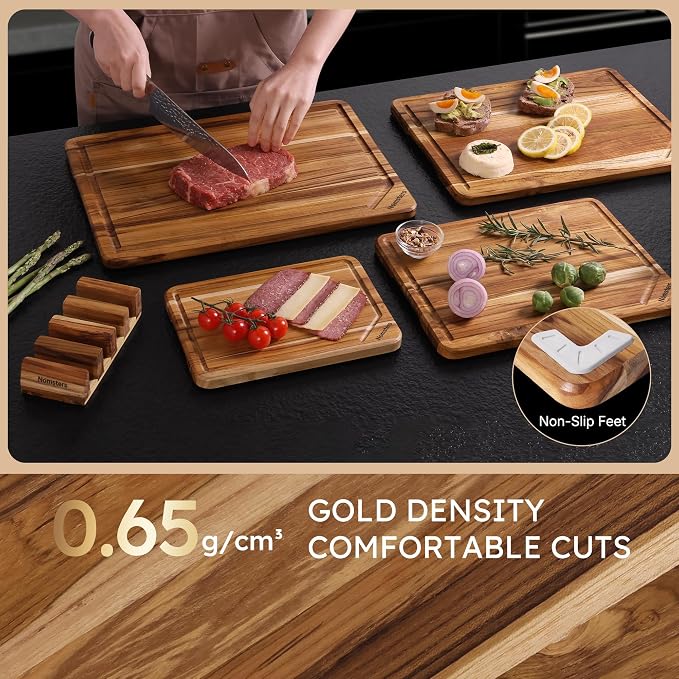 4 Pack Teak Wood Cutting Board Set with Holder Non Slip Over Sink Wooden Chopping Board for Fresh Meat Vegetable Thick Haus Perfect for Charcuterie Juice Groove Holiday Gift Ideas for Men and Women