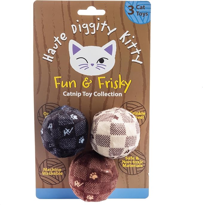 Haute Diggity Kitty Vuiton Checker Balls Set, Plush Cat Toys Catnip Filled with Interactive Crackle Sound, Safe & Durable Toys for Cat & Kitten, 3 Pcs