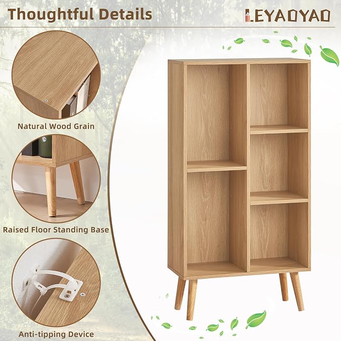 LEYAOYAO 5 Cube Bookshelf,Mid-Century Modern Bookcase with Legs,Light Wood | 3 Tier Book Shelf,Rustic Wood Bookshelves Freestanding Small Storage Organizer, Open Shelves for Bedroom, Living Room, Office