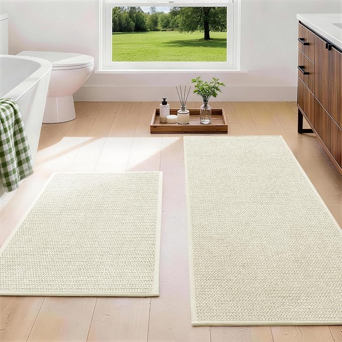 YIHOUSE Beige Bathroom Rugs Sets 2 Piece, Quick Dry Thin Bath Mat, Non Slip Absorbent Machine Washable, Bath Runner Rug for Bathtub Sink Home Decor (17"x24" + 17"x47")