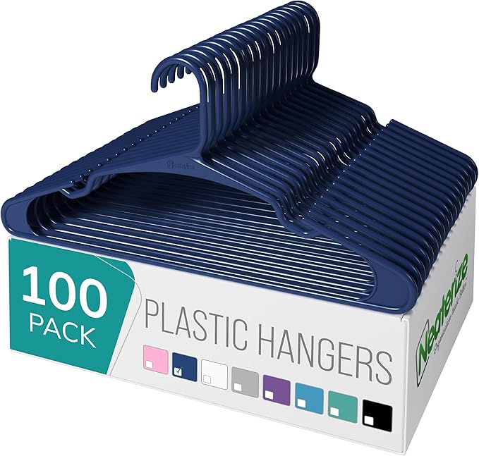 NEATERIZE Clothes Hangers Plastic 100 Pack for Adults - Plastic Hangers, The Perfect Coat Hanger and Space Saving Clothes Hangers for Closet - Navy Blue Hangers