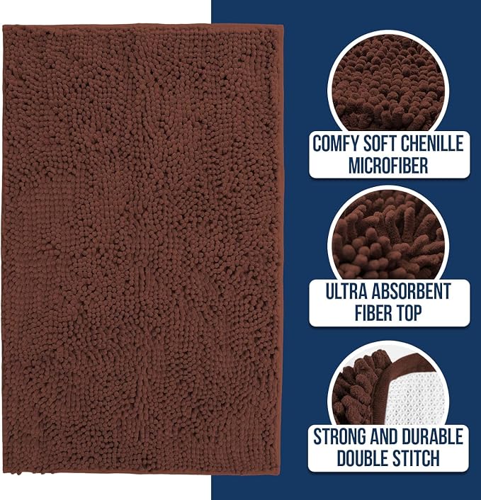 Muddy Mat® | Chenille Bathroom Rugs Quick Dry Microfiber Mats Non Slip Washable, Extra Thick, Soft and Highly Absorbent Bath Mats for Bathroom, Kitchen, and Shower Floor - Brown 36"x60"