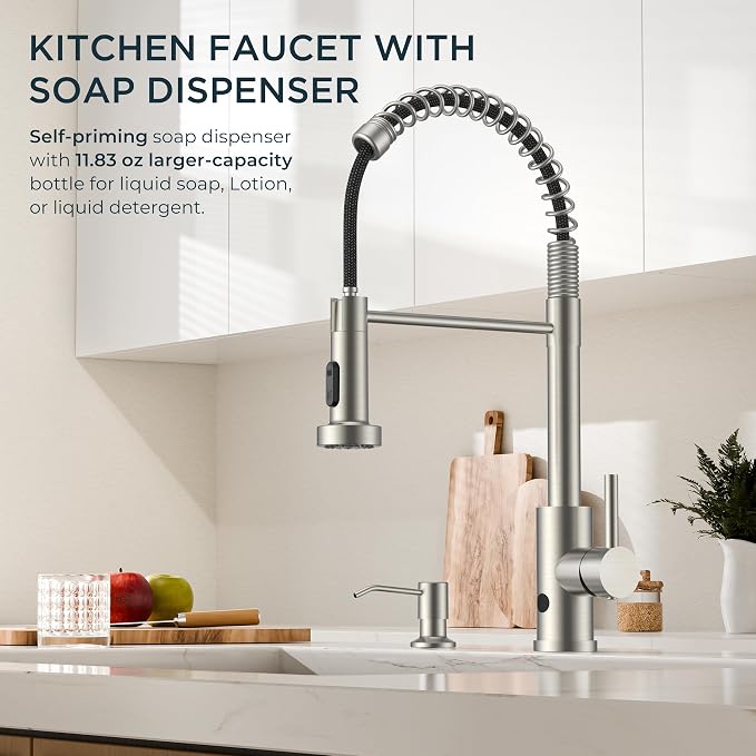 FORIOUS Touchless Kitchen Faucet with Soap Dispenser, Brushed Nickel | Single Handle Stainless Steel, Smart Hands-Free Sink Faucet with Pull Down Sprayer for Camper Rv Bar, Motion Sensor Activated