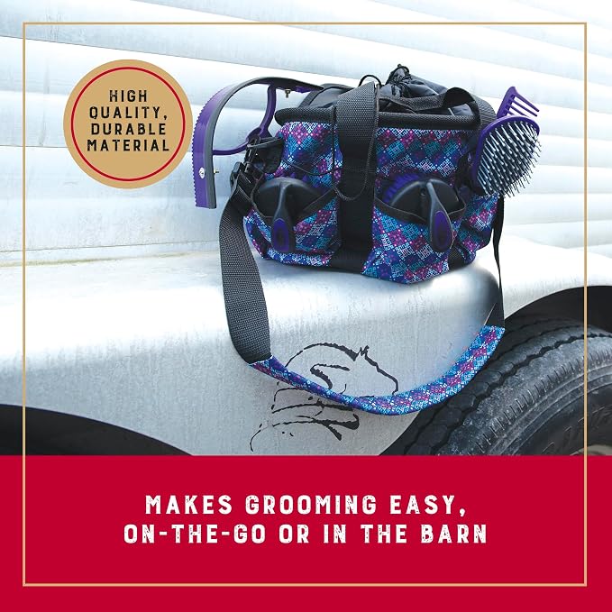Weaver Equine Horse Grooming Kit, 7-Piece Horse Brush Set with Organizer Tote Bag, Hoof Pick, Comb, Sweat Scraper, Equine Tools for Daily Grooming, Purple Geo