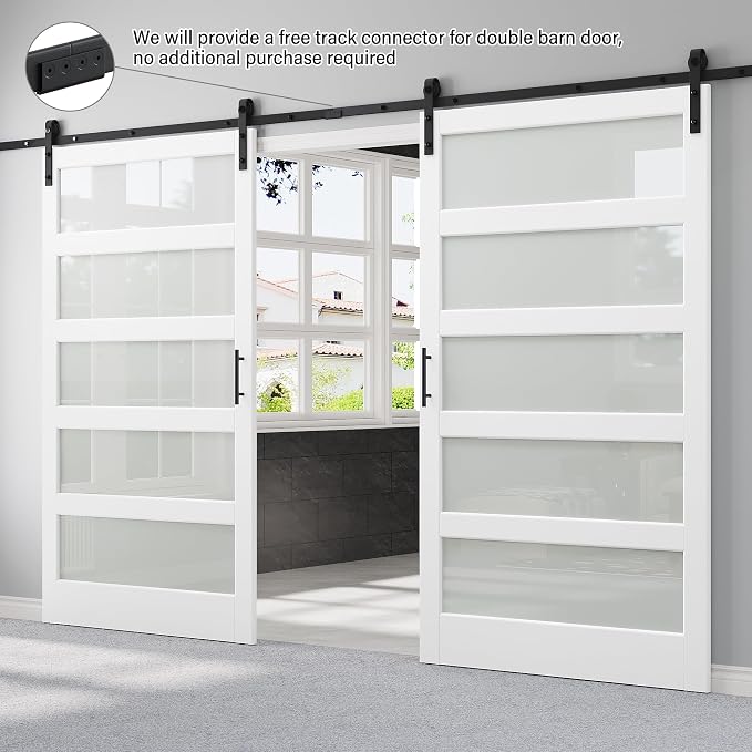 96" x 84" 5-Lites Frosted Glass Double Barn Doors and 16FT Track Hardware Kit, Easy Assembly for Mortise and Tenon Structure, Water & Scratch Resistant Sliding Barn Door, Easy to Clean, Pre-Drilled