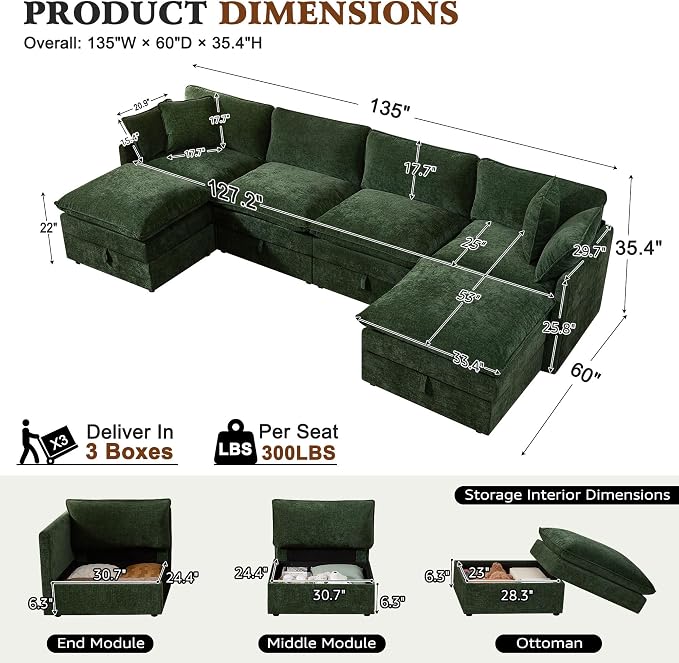 Ihanherry 135” Modular Sectional Sofa with Storage, U Shaped Cloud Couch with Movable Ottomans & 4 Pillows, Chenille Deep Seat Sectional Couches for Living Room, Apartment (Green)