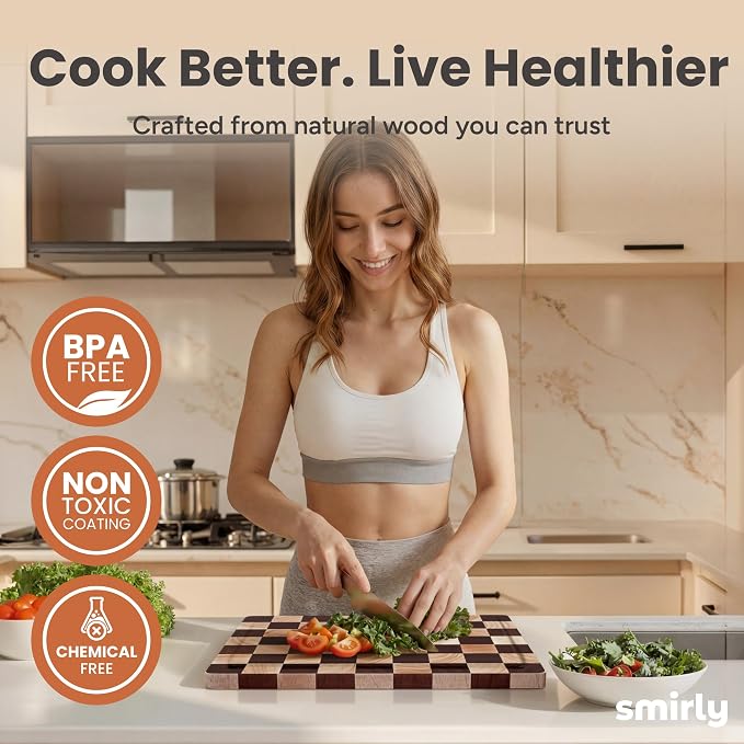 SMIRLY Cutting Board for Kitchen, 3 Pcs Rubberwood Cutting Board with Stand | Non Toxic Checkered Cutting Board with Juice Grooves and Handles, Multiple Sizes Wood Chopping Boards for Meal Prep