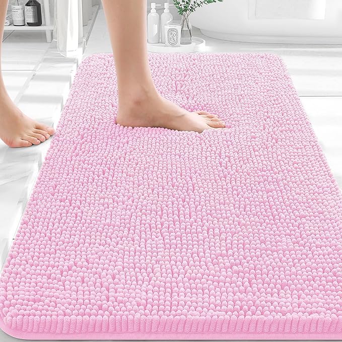 OLANLY Bathroom Rugs 32x20, Extra Soft Absorbent Chenille Bath Rugs, Rubber Backing Quick Dry, Machine Washable Bath Mats for Bathroom Floor, Tub and Shower, Home Decor Accessories, Pink