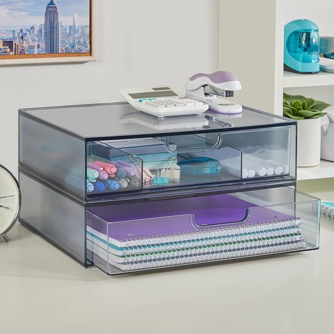 STORi STAX Plastic Stackable Organizer Drawers (Set of 2) Classic Grey | 12.5" Wide | Set Includes One Open Drawer & One Divided Drawer | Organize Office Desk Accessories & Sort Paper | Made in USA